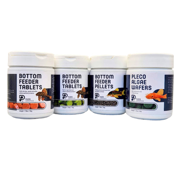 Plecoceramics 4-in-1 Pleco Growth and Nutrition Set – Protein & Spirulina Tabs, Shrimp Tabs, Pellets, Algae Wafers